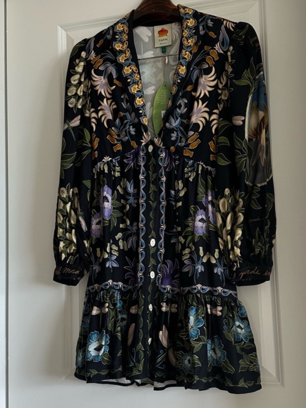 Farm Rio Black Winter Garden Mini Dress Long Sleeves - Picture 7 of 13